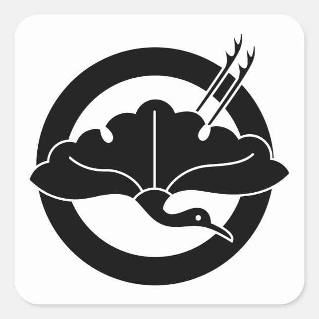 Crane-shaped ginkgo leaf on circle square sticker (Front)