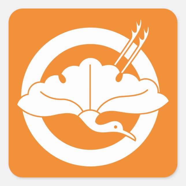 Crane-shaped ginkgo leaf on circle square sticker (Front)