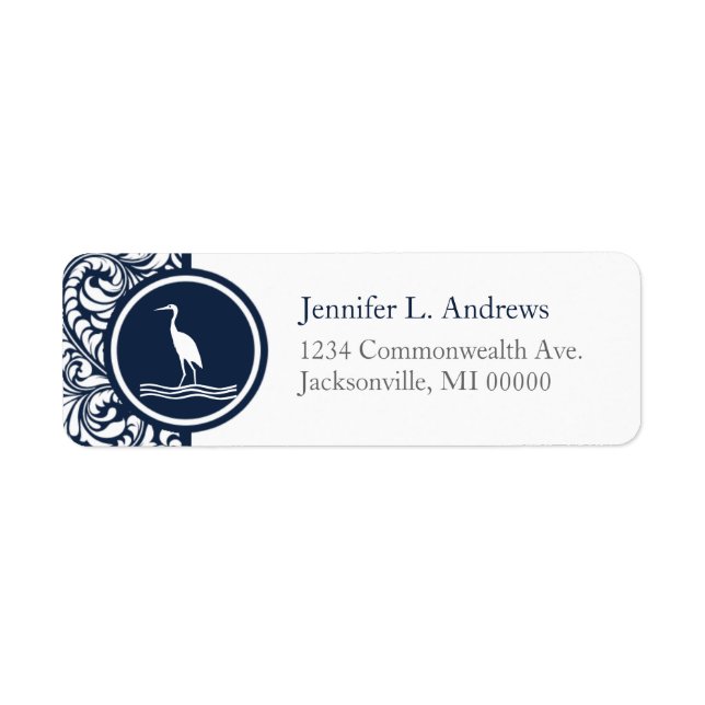 Crane Theme Navy Damask Return Address Labels (Front)