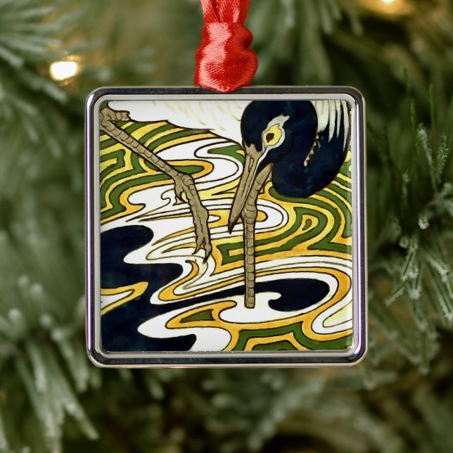 Crane Tile from 1800s Crane and Columbine Panel  Metal Ornament (Tree)