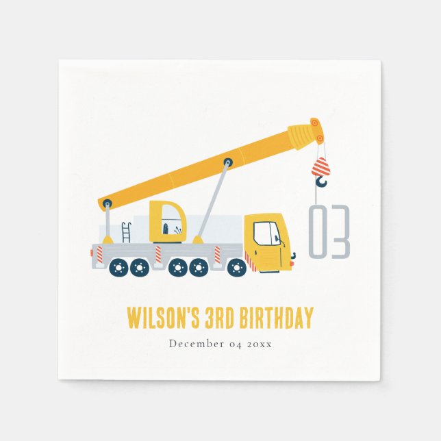 Crane Truck Construction Vehicle Kids Birthday Napkin (Front)