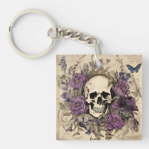 Crâne vintage et fleurs pourpres