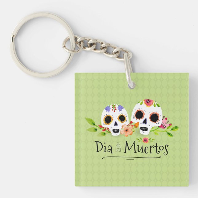 Crânes à sucre florales Dia de Muertos | Porte-clé (Devant)