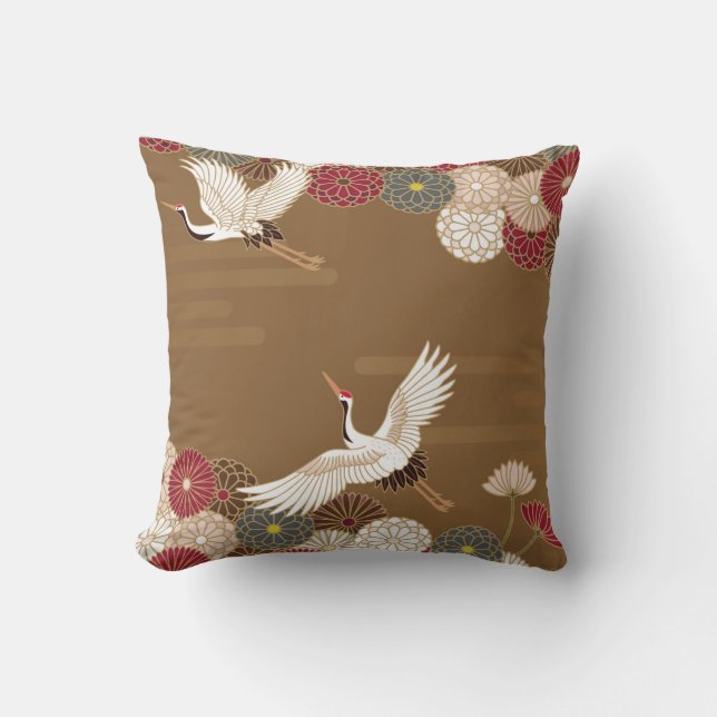 Cranes and chrysanthemums Japanese traditional pat Throw Pillow (Front)