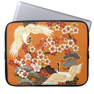 CRANES AND COLOR SAKURA. Colourful floral seamless Laptop Sleeve