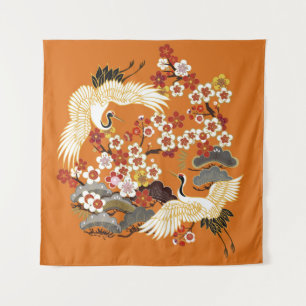 CRANES AND COLOR SAKURA. Colourful floral seamless Tapestry