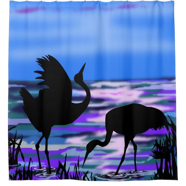 Cranes Bird Love Dance Shower Curtain Blue (Front)