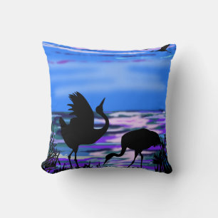 Cranes Bird Love Dance Throw Pillow Lake Sunset