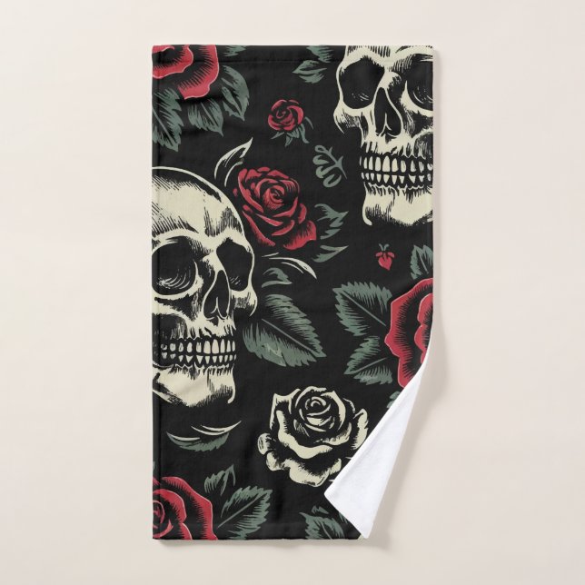 Crânes et roses rouges Floral gothique (Serviette à main)
