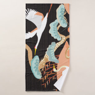 Cranes, herons: Japanese bird pattern. Bath Towel