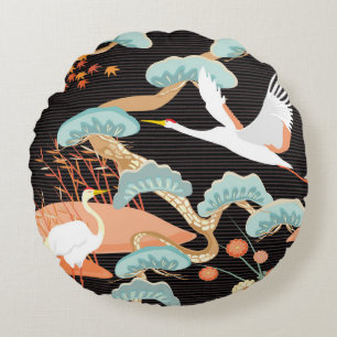 Cranes, herons: Japanese bird pattern. Round Pillow