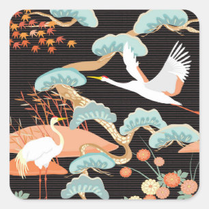 Cranes, herons: Japanese bird pattern. Square Sticker