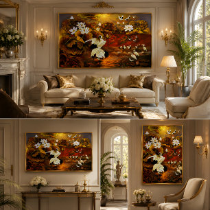 Cranes Homecoming Golden Lotus Oil Painting Canvas Print