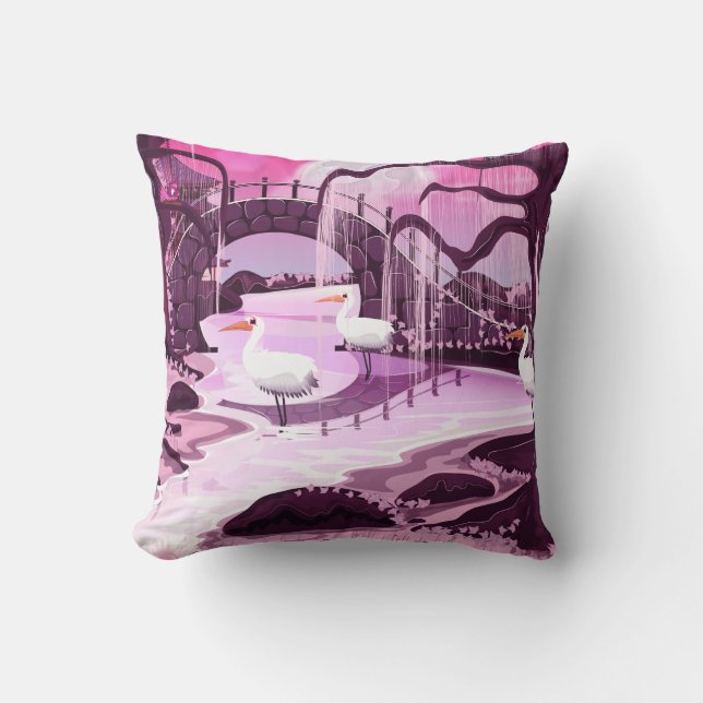 Cranes in the Korean Garden Throw Pillow (Front)