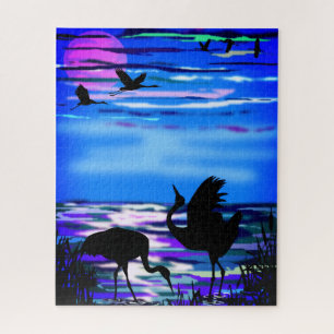 Cranes Love Dance - Romantic - Lake Sunset -Beauty Jigsaw Puzzle