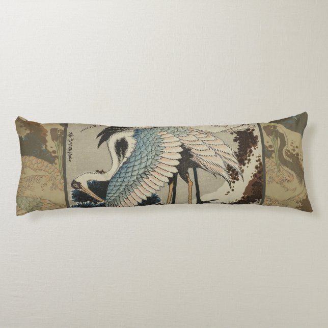 Cranes on a Snow Covered Pine Hokusai Body Pillow (Back)