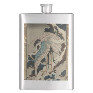 Cranes on a Snow Covered Pine Hokusai Hip Flask