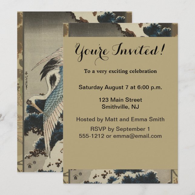 Cranes on a Snow Covered Pine Hokusai Invitation (Front/Back)