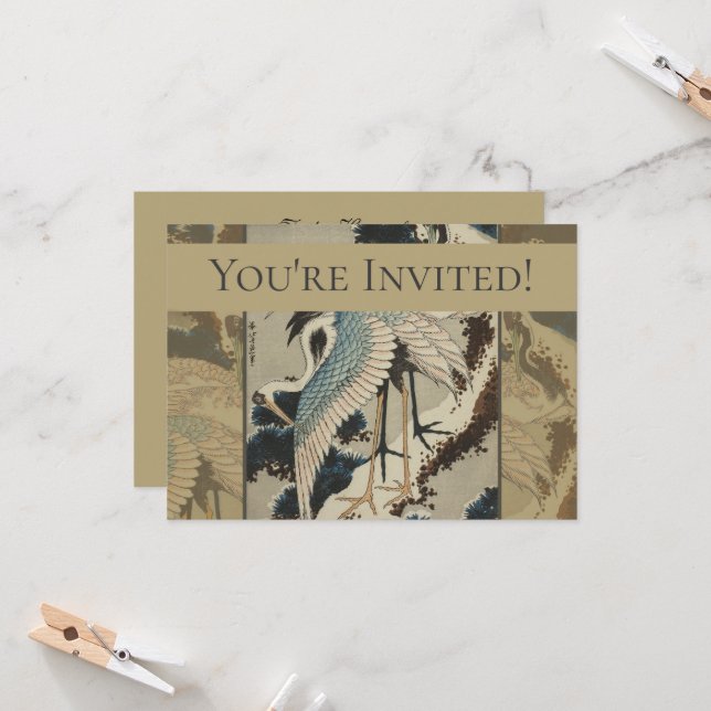 Cranes on a Snow Covered Pine Hokusai Invitation (Front/Back In Situ)