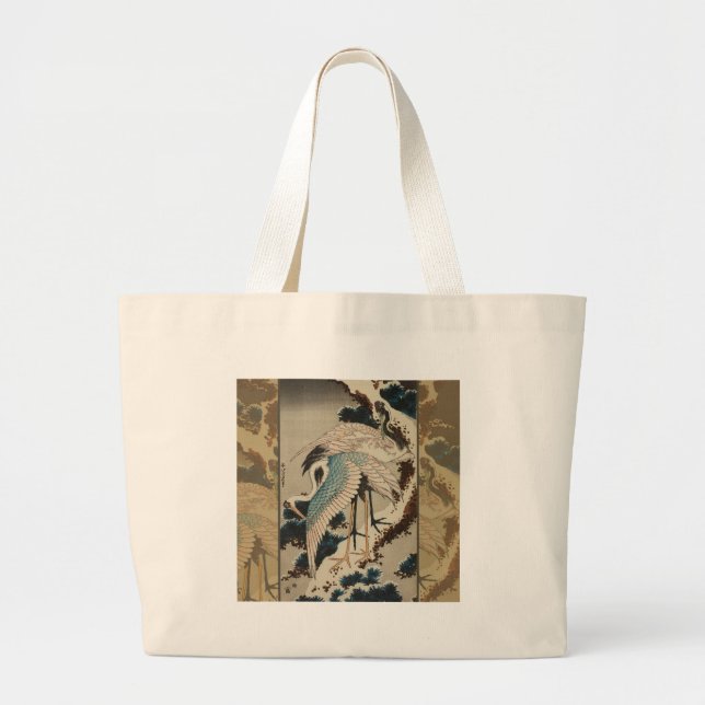 Cranes on a Snow Covered Pine Hokusai Large Tote Bag (Front)