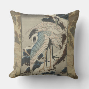 Cranes on a Snow Covered Pine Hokusai Outdoor Pillow