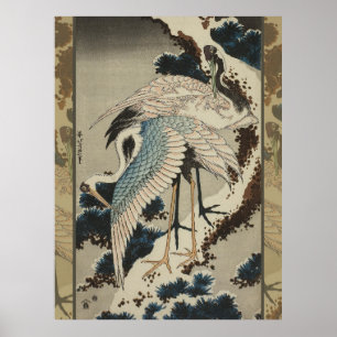 Cranes on a Snow Covered Pine Hokusai Poster