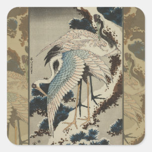 Cranes on a Snow Covered Pine Hokusai Square Sticker