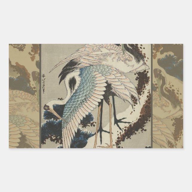 Cranes on a Snow Covered Pine Hokusai Sticker (Front)