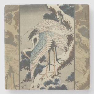 Cranes on a Snow Covered Pine Hokusai Stone Coaster