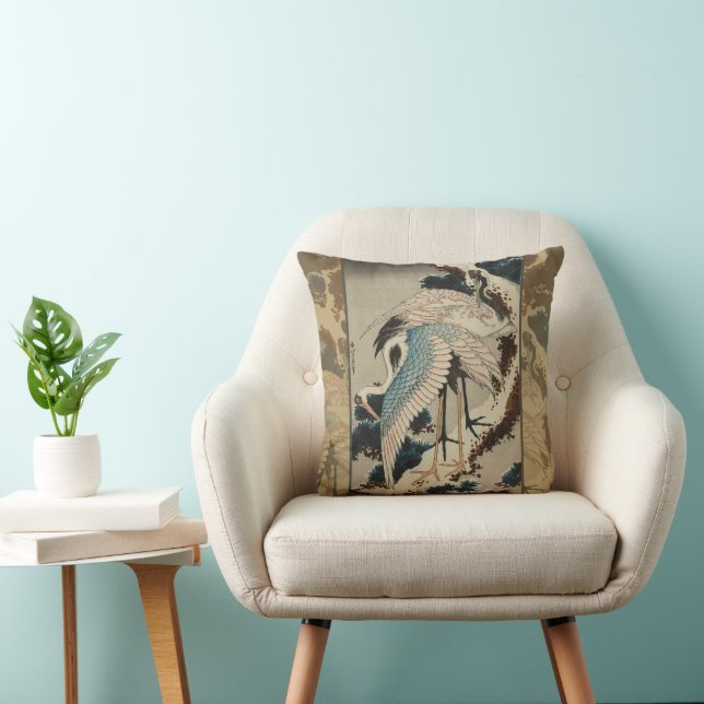 Cranes on a Snow Covered Pine Hokusai Throw Pillow (Chair)