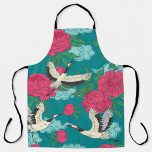 Cranes Peonies: Vintage Floral Graphics Apron
