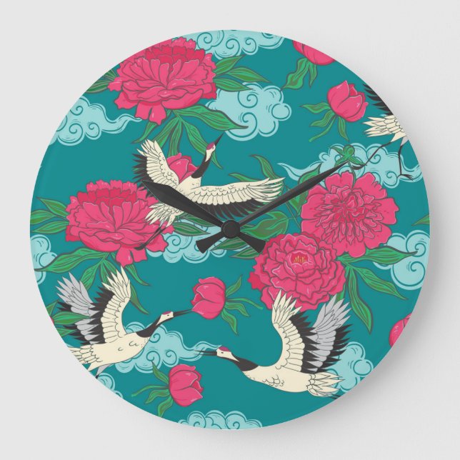 Cranes Peonies: Vintage Floral Graphics Large Clock (Front)