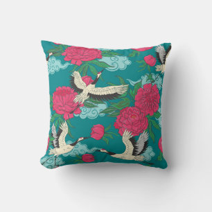 Cranes Peonies: Vintage Floral Graphics Throw Pillow