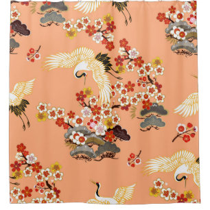 Cranes, sakura, colourful, floral, cantaloupe.