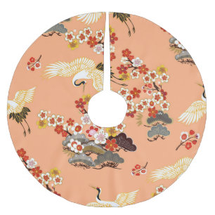 Cranes, sakura, colourful, floral, cantaloupe. brushed polyester tree skirt