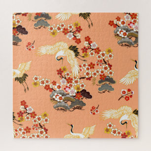 Cranes, sakura, colourful, floral, cantaloupe. jigsaw puzzle