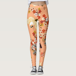 Cranes, sakura, colourful, floral, cantaloupe. leggings