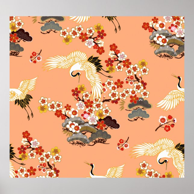 Cranes, sakura, colourful, floral, cantaloupe. poster (Front)