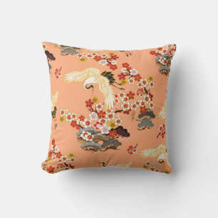 Cranes, sakura, colourful, floral, cantaloupe. throw pillow