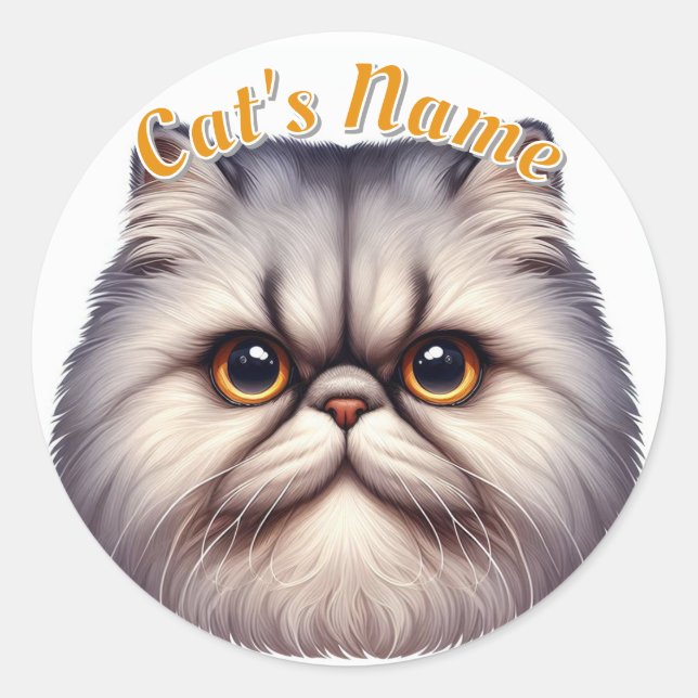 Cranky Grey Longhaired Persian Cat • Personalized Classic Round Sticker (Front)