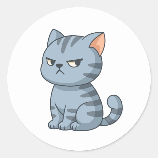 Cranky Grey Tabby Cat Classic Round Sticker (Front)