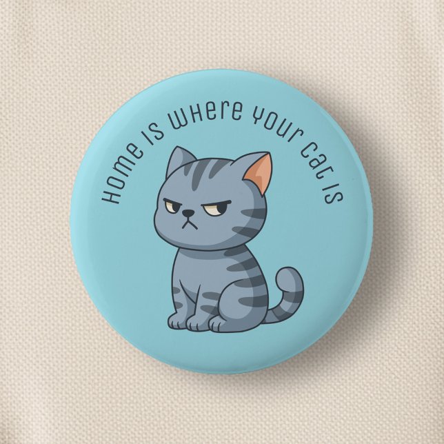 Cranky Grey Tabby Cat Custom Text Blue 2 Inch Round Button (Creator Uploaded)