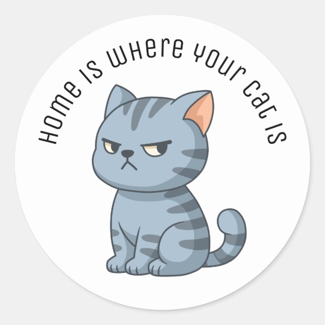 Cranky Grey Tabby Cat Custom Text Classic Round Sticker (Front)