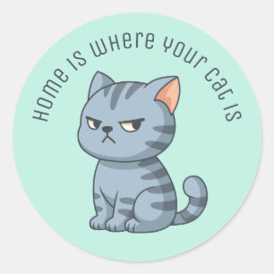 Cranky Grey Tabby Cat Custom Text Green Classic Round Sticker