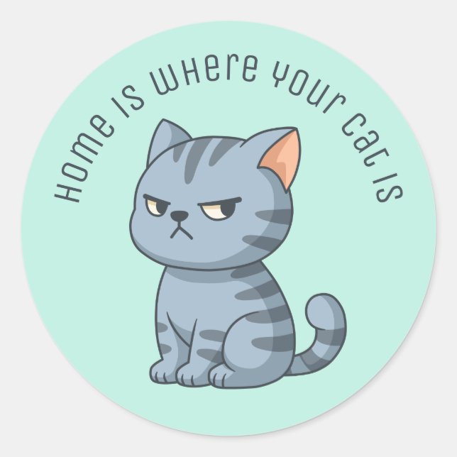 Cranky Grey Tabby Cat Custom Text Green Classic Round Sticker (Front)