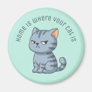 Cranky Grey Tabby Cat Custom Text Green Magnet