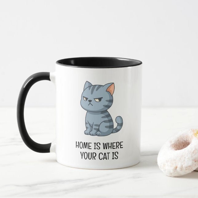 Cranky Grey Tabby Cat Mug (With Donut)