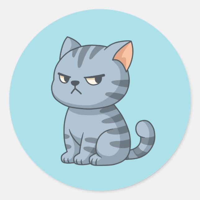 Cranky Grey Tabby Cat on Blue Classic Round Sticker (Front)