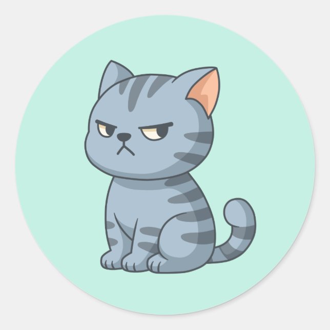 Cranky Grey Tabby Cat on Green Classic Round Sticker (Front)