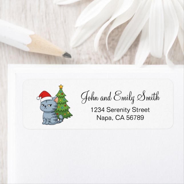 Cranky Grey Tabby Cat Red Hat Christmas Tree (Insitu)